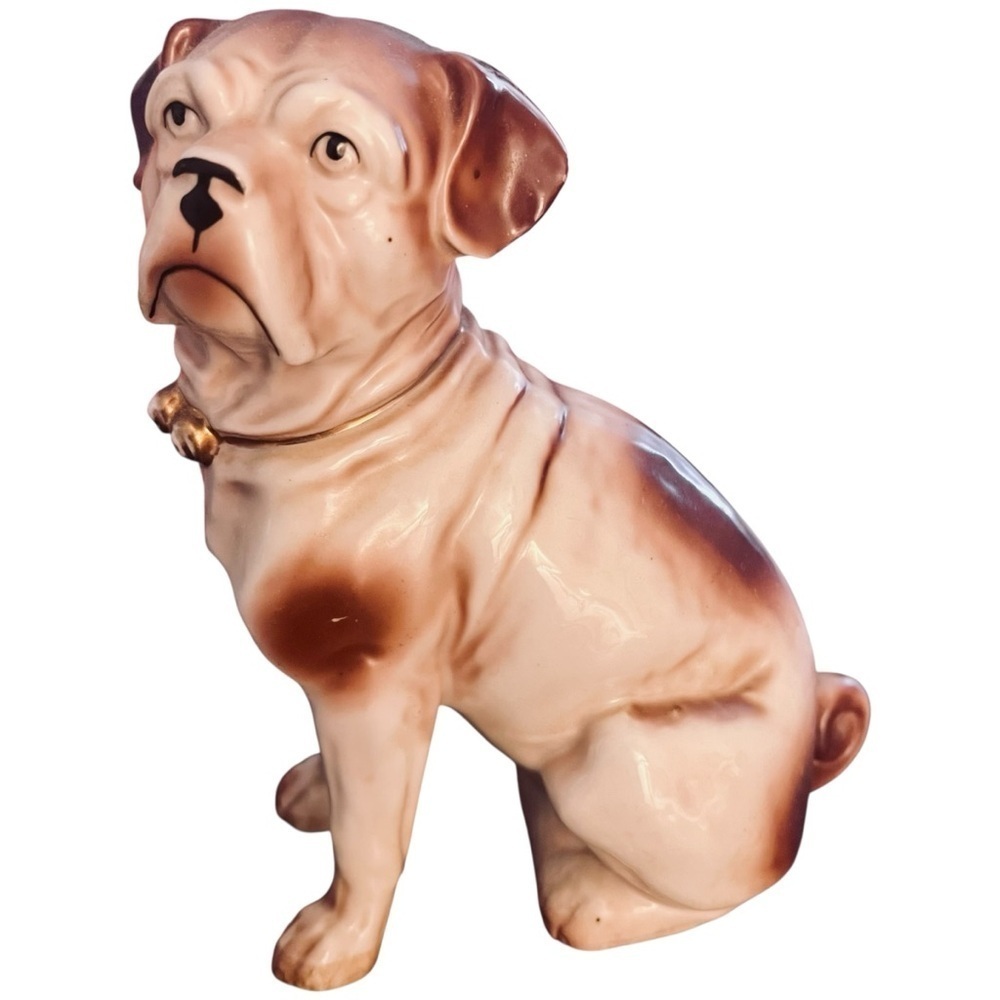 Antique Victorian Bull Dog Mantle Figurine Ceramic Statue Gold Gilt Bell Collar - Picture 3 of 13